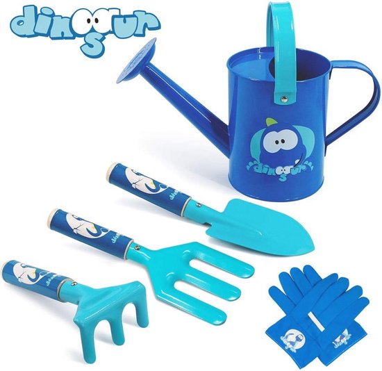 Tuinieren Set voor Kinderen - 5 Delig Metalen Tuingereedschap Inclusief Gieter, Troffel, Vork, Hark en Handschoenen van Merkloos	