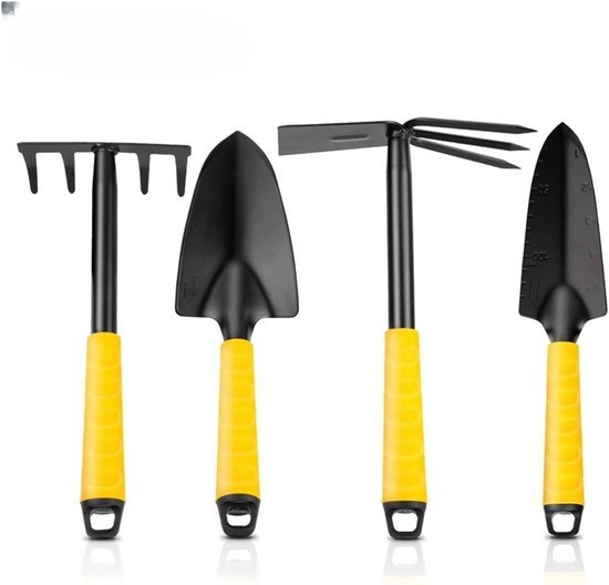 Tuinierset 4-delig - Schepje Harkje Schoffel - PP Antislip Handgreep - Lichtgewicht Handgereedschap voor Tuin Balkon Bonsai - Geel van Merkloos	