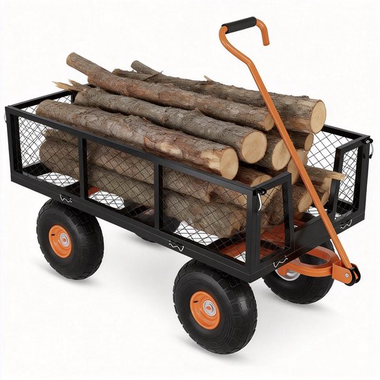 Tuinkar met 220kg Draagvermogen - 86x46x51.5cm - Tuinwagen Staal Heavy Duty - Transportkar Buiten - Afneembare Gaaspanelen - Flexibele Handgreep - 25cm Alles-Terrein Wielen - Voor Tuin Gazon - Zwart + Oranje