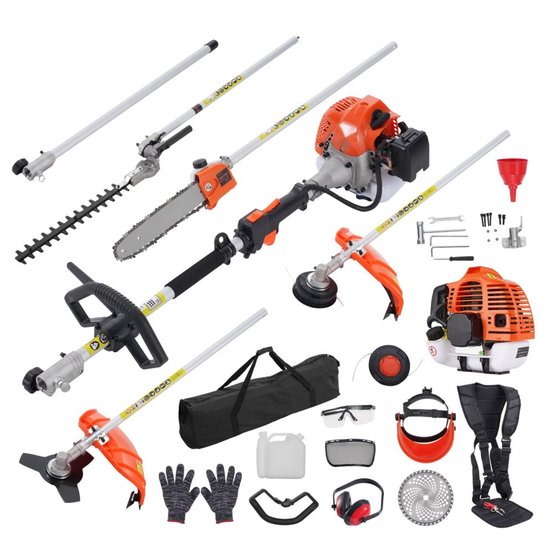 Tuinmultitool - 6-in-1 Benzine Multitool - 33 cc Motor - Heggenschaar - Bosmaaier & Draadtrimmer - Kantenmaaier - Kettingzaag/Snoeizaag Op Steel - Verlengstok van VONROC