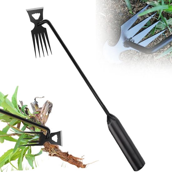 Tuinonkruidverwijderaar, 40 cm onkruidtrekker, onkruidverwijderingsgereedschap met 5 tanden, gemaakt van mangaanstaal met een zwarte coating, voor tuinieren, achtertuin en boerderijbeplanting. van Merkloos	
