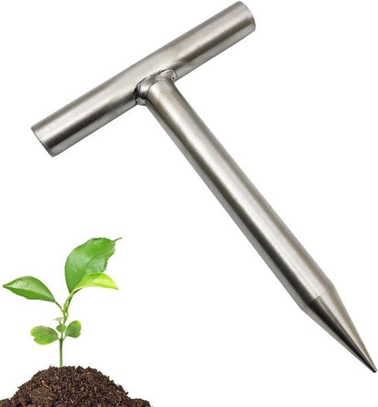 Tuinprikker Roestvrij Staal - Bollenplanter Gatmaker - Planten Verplanten - Comfortabele Grip - 11 x 16 x 2 cm - Zilverkleurig