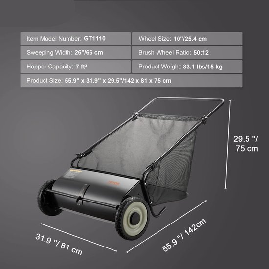 Tuinruimer – Bladverzamelaar – Handmatige - Gazonveger met Hopperzak - Heavy-duty – 26-inch - Grasverzamelaar - Zware Stalen Constructie - voor Tuinonderhoud van Leaf Gobbler