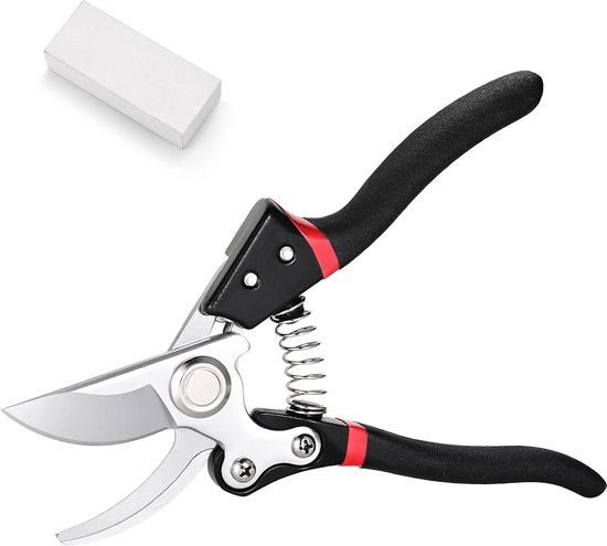 Tuinschaar, gazonschaar, roestvrijstalen messen, rozenschaar 204 mm met aftreksteen, zwarte plantenschaar, ergonomische handgreep, voor tuinieren en bloemsnoeien, max. snijdiameter 50 mm van Merkloos	