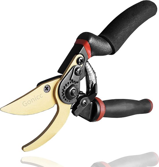 Tuinscharen gesmeed met een rolhandvat, titanium gecoat, premium snoeischaren GPPS-1014. Comfortabele bypass gemaakt van SK5 staal. Comfortabele bypass wijn- en rozenscharen. van GRÜNTEK