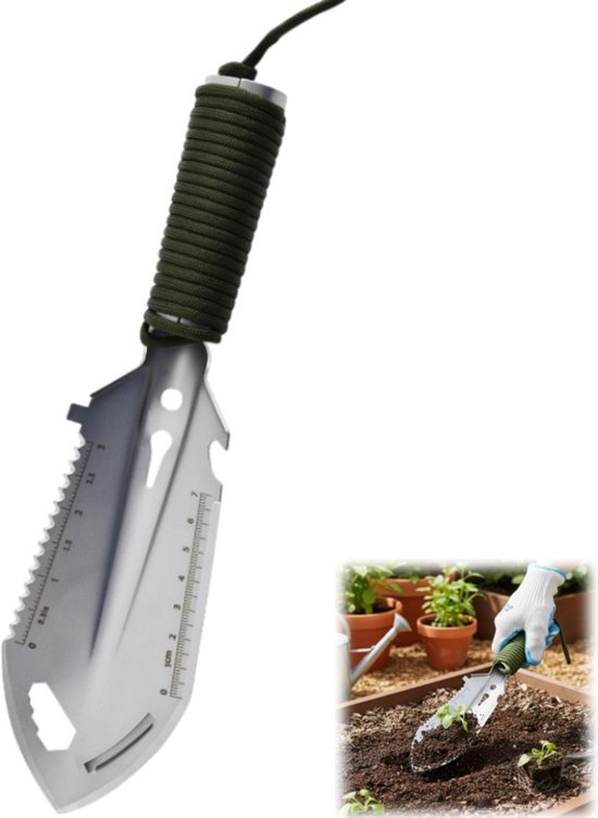 Tuinschep - Campingschep - Handschep voor buiten - RVS - 9-in-1 militaire schep - Tactische handschep - Campingaccessoires - Geschikt voor tuinieren-kamperen en strandjutten - Zilver - 26*7 cm