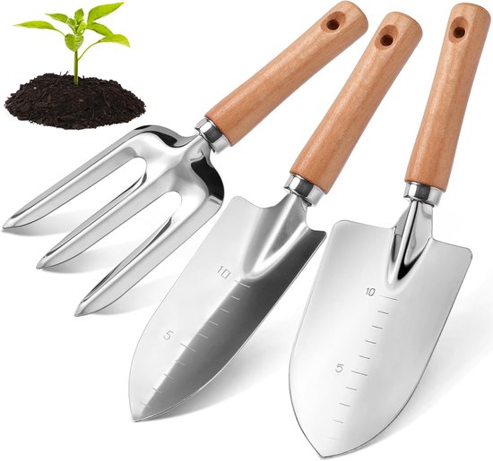 Tuinschep - Tuingereedschap - Tuinschepje - Met Houten Handvat - Aluminium - Handvork - Plantenschep Met Schaalverdeling - Voor Bloembakken - Moestuin - Klein Tuinwerk