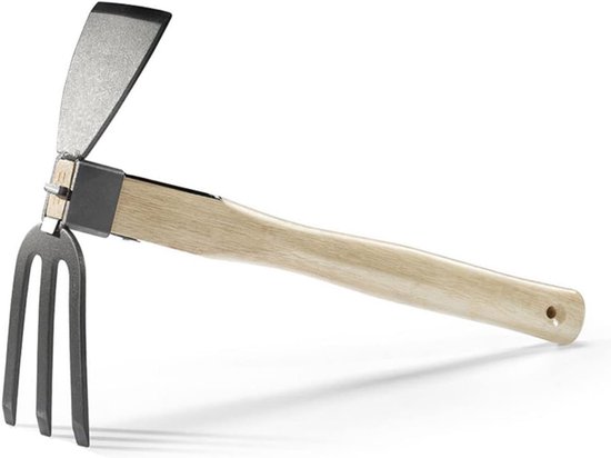 Tuinschoffel- tuingereedschap: schoffel en hark- handschoffel met houten steel voor het losmaken van de grond en het wieden van onkruid (2-in-1).