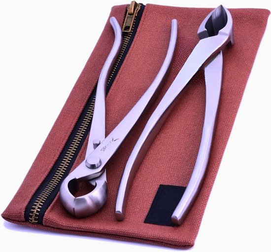 Tuinset Van 2 Bonsai Gereedschappen – 210 mm Roestvrij Staal – Kogelschaar, Concave Takkenschaar met Rechte Snit & Gevoerde Canvas Tas van Genbonsai