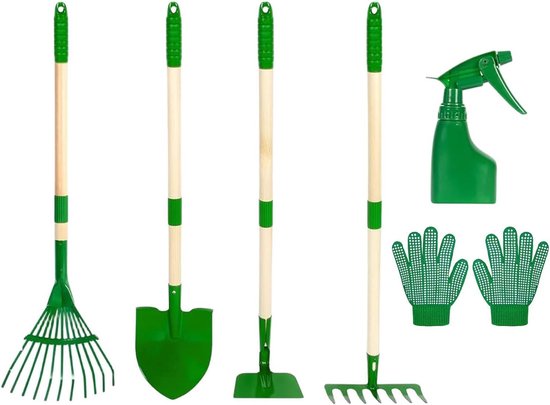 Tuinset voor kinderen | Hark en schep met houten handvat | Tuingereedschapset voor kinderen | Geschikt voor kinderen vanaf 3 jaar - jongens en meisjes - geschikt voor tuinen, terrassen, parken, stranden, zandvlaktes, aarde en andere buitenlocaties. van Merkloos	