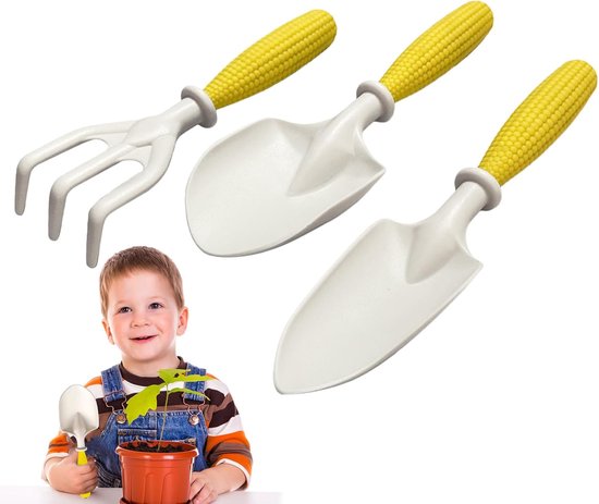 Tuinset voor kinderen - Inclusief 3 minischepjes - Maïsvormig handvat - Kan gebruikt worden als speelgoed om te planten - Geschikt voor kinderen en beginners - Te gebruiken in tuinen, op terrassen en gazons van Merkloos	
