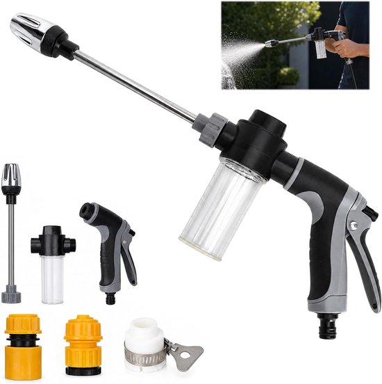 Tuinslang, drukpistool, 41 cm, met schuimfles, verstelbaar mondstuk en 3 aansluitingen voor auto, tuin, terras