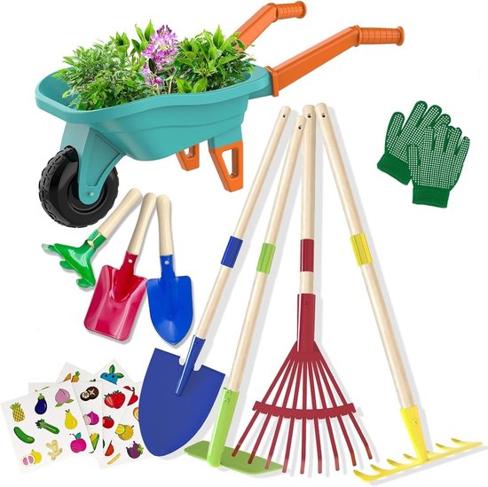 Tuinspeelgoed set voor kinderen - 70CM kruiwagen - metalen schoffel, hark en schep - educatief buitenspel
