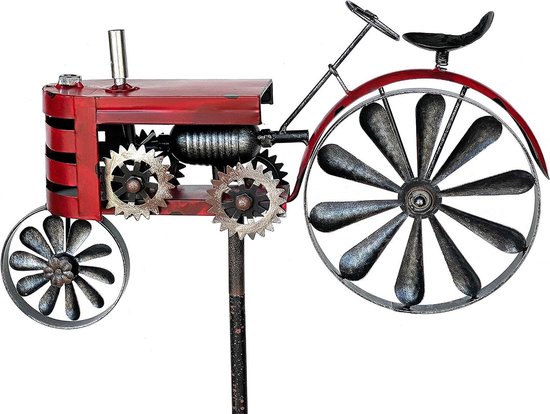 Tuinsteker tractor - Tuindecoratie metaal - Tuin versieren - Windmolens kogelgelagerd - 159 cm hoog - Rood roestlook