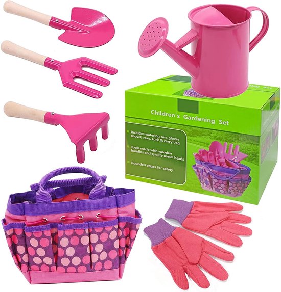 Tuintas voor kinderen, set van 6 tuingereedschap voor kinderen, speelgereedschap tuin met draagtas, sproeier, gieter, hark, schep, schop, handschoenen voor kinderzandbak strand
