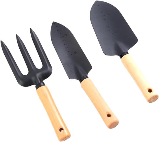 Tuintroffel Set - Handgereedschap Tuin - Planten Verpotten - Houten Handvat - 30cm Lengte - Metaal Zwart