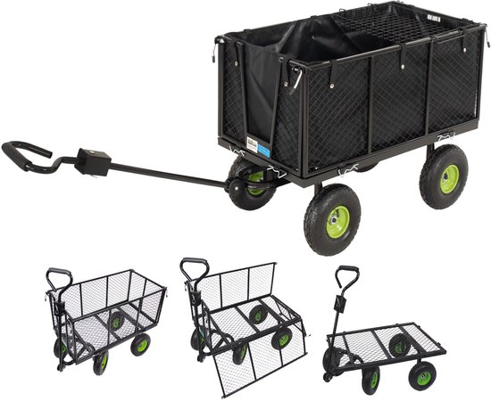 Tuintrolley afneembaar zeil 550 kg handkar opvouwbare traliewanden luchtbanden wielen aanhangwagen functie