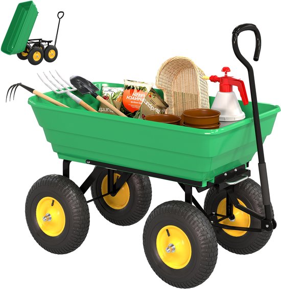 Tuinwagen, handwagen, kantelbaar, 75°, 75 l, max. 200 kg | 4 luchtwielen, PP-staal, geel-groen