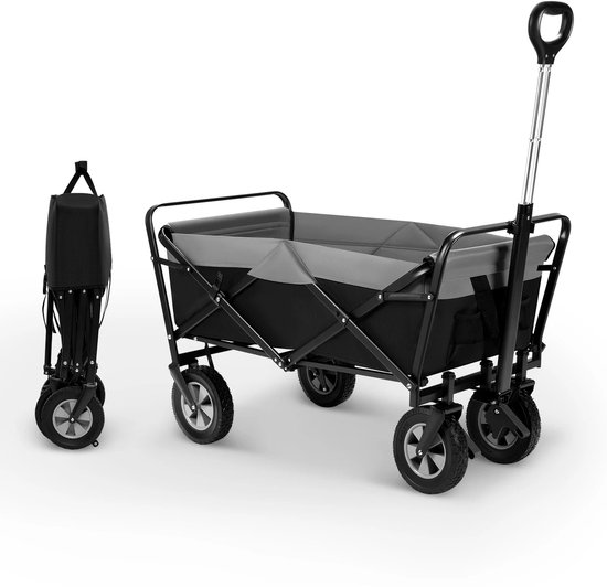 Tuinwagen - Tuinkar - Bolder - Transport - Strand - Boodschappen - Heavy-duty - Plat- en - Hekwerkontwerp - Voor Tuin - Erf - en Magazijn - Ergonomische Handgreep - 100L - 360° Draaibare Wielen - Draagvermogen 80kg - Zwart en Grijs