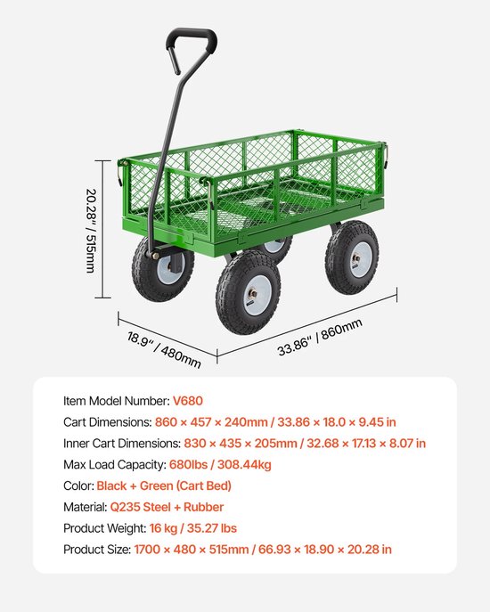 Tuinwagen - Tuinkar - Heavy-duty - 680 lb Draagkracht - 2-in-1 Plat- en - Hekwerkontwerp - 360° Draaibare Wielen - Voor Tuin - Erf en Magazijn - Ergonomische Handgreep van VEVOR