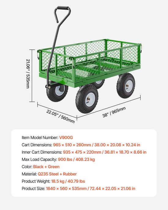Tuinwagen - Tuinkar - Heavy-duty - 900 lb Draagkracht - 2-in-1 Plat- en - Hekwerkontwerp - 360° Draaibare Wielen - Voor Tuin - Erf en Magazijn - Ergonomische Handgreep van Gorilla Carts