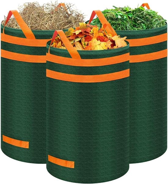 Tuinzak 120 L, set van 3 tuinafvalzakken, stevig, bladzak, tuinzak, robuust en opvouwbaar, groene snijzakken met handvatten, zelfstaande afvalzak voor gras, bladeren, haagafval van T