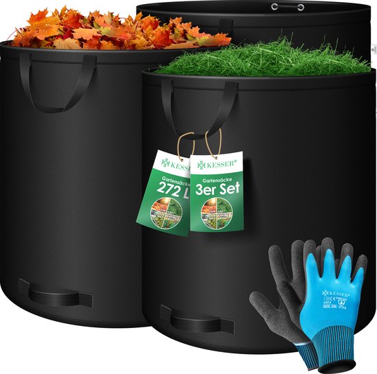 Tuinzak, 3 x 272 l, set bladzak, tuinafvalzak incl. handschoenen, zelfstaand, 4 handgrepen, stabiel, robuust en opvouwbaar, voor tuinafval, groen, zwart van T