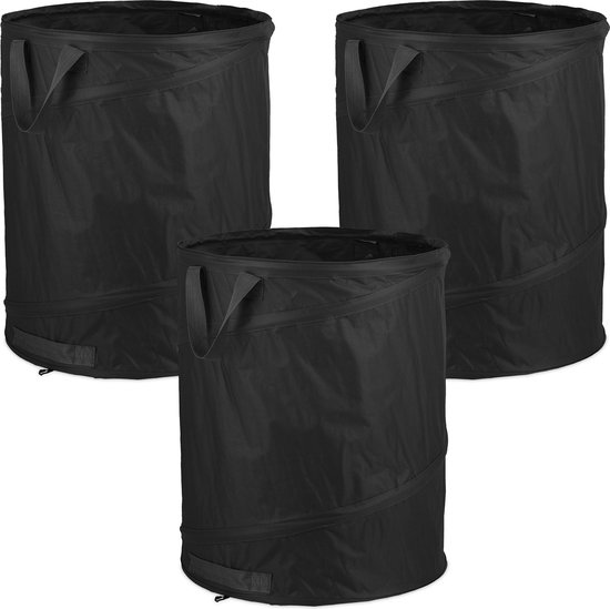 tuinzak pop up - set van 3 - 85 l - handgrepen - uv-bestendig - waterdicht - onkruid - zwart van Merkloos	