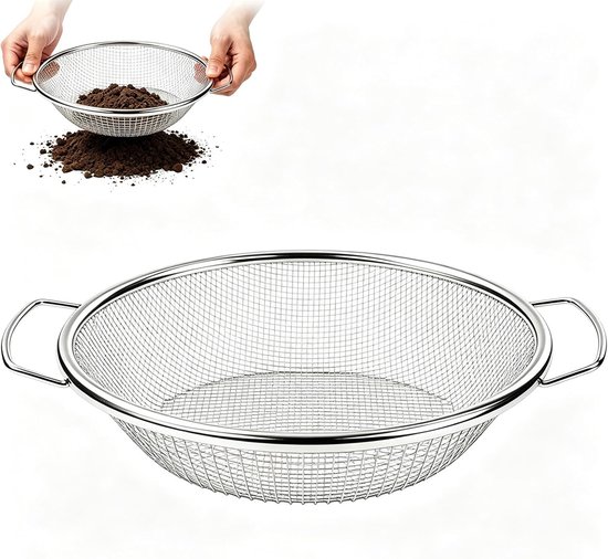 Tuinzeef 30 cm, roestvrijstalen bodemzeef met handvat voor aarde, compost en zand, ideaal voor tuinieren en grondbewerking