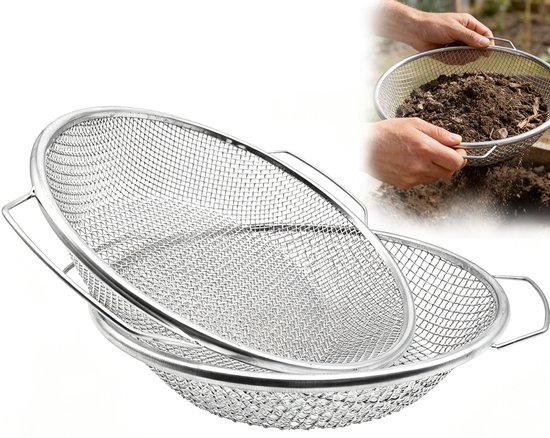 Tuinzeef - 30 cm - RVS - Ronde Grondzeef - Mazen 6mm - Zeef met netten - Grondzeef met handvat - Compostzeef - Rond Zeef - Voor zand, zaad, aarde, compost, stenen, onkruid, grind - 2 Stuk