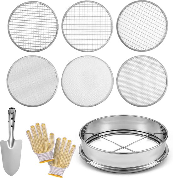 Tuinzeef - Bodemzeefset Roestvrijstalen Zeefpan - 30 cm - 6 Maaswijdten - 07-2-3-6-9-12 mm - Tuingaas - Bodemfilter vuil Tuinzeef - Zandzeef van Merkloos	