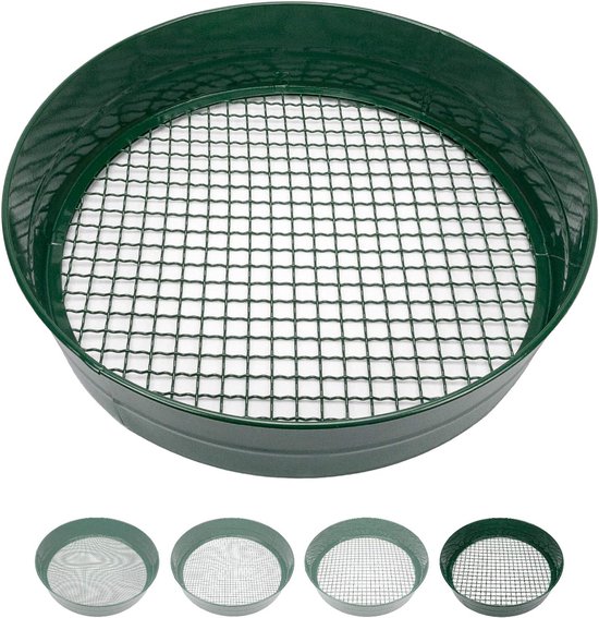 Tuinzeef in verschillende maasgroottes, ronde zeef met een diameter van 33 cm, grondzeef voor zaad, aarde, compost, stenen, onkruid, grind, stapelbaar, zeer robuust, roestbestendig, 12 mm van Merkloos	