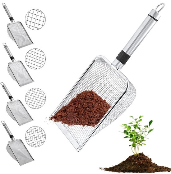 Tuinzeef met 4 zeefmaten - roestvrij staal - ergonomisch handvat van Merkloos	