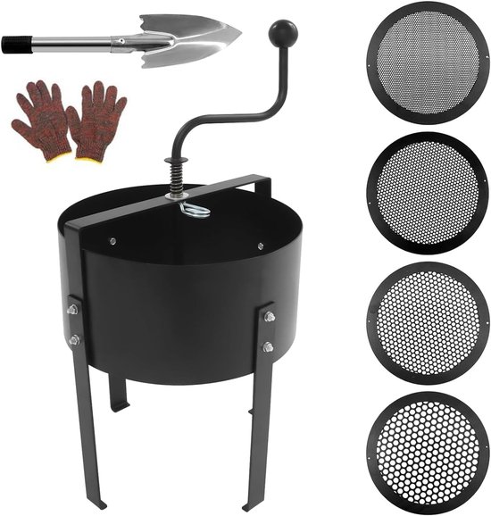 Tuinzeef met handslinger, metaal, diameter 30 cm, met 4 zeven (3/6/9/12 mm), efficiënte zeef voor aarde, stenen, zand, compost, onkruid – verwisselbare zeef voor tuinieren