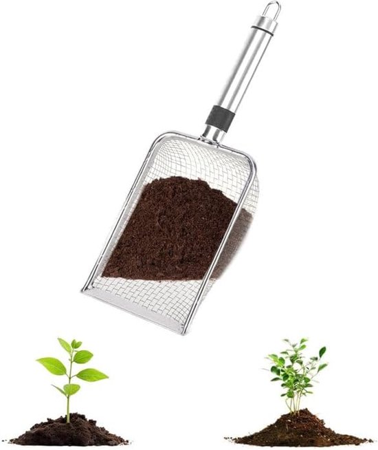 Tuinzeef met handvat - Grondzeef van roestvrij staal - aardezeef - Verschillende tuinzeven - Grove en fijne bodemzeef - Compostzeef - Zeefschep voor tuinen - voor aarde, stenen, compost, onkruid, zand, grind en zaaigoed - 28.8*10cm - Zilveren van Merkloos	