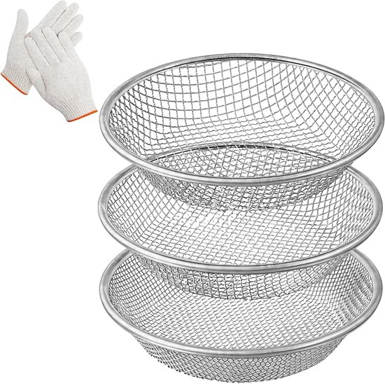 Tuinzeef Set - Compostzeef Potgrondzeef - Aarde Zeven - Roestvrij Staal - 30 cm Diameter - Zilverkleurig
