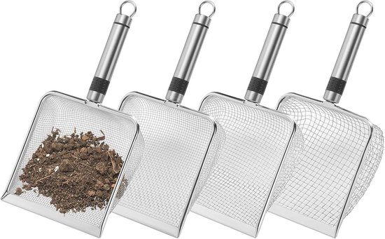 Tuinzeef Set - Zandzeef Bodemzeef - Tuinonderhoud Compost - 4 Verschillende Mazen - 31 x 16 x 9 cm - Zilverkleurig