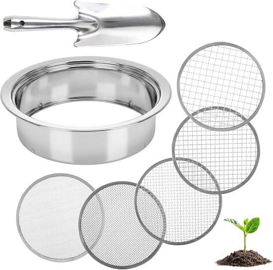 Tuinzeef voor Compost - 5 Verwisselbare Zeefmaten - 30 cm RVS Grondzeef - Voor Aarde, Zand en Grind - Inclusief Handschepje