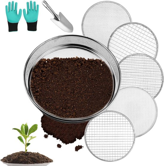 Tuinzeef - Zandzeef 25 cm compostzeef roestvrij staal aardezeef verwisselbare zeefinzetstukken Ø 136912 mm - 27 cm handspade Tuinzeef - Zandzeef van VDM Supplies
