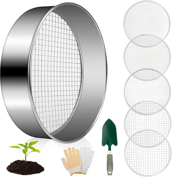 Tuinzeefset van roestvrij staal - Inclusief verwisselbare zeven - 1 zeefrek + 5 zeven + 1 paar tuinhandschoenen + 1 tuinschep - Geschikt voor het zeven van aarde, zand en grind - Geschikt voor bonsai en tuinieren - (3 mm, 6 mm, 8 mm, 10 mm, 12 mm)