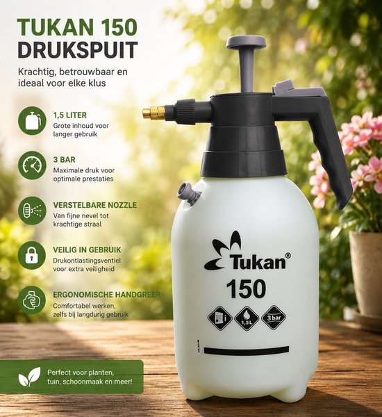 TUKAN Drukspuit 1,5 L - Plantenspuit & Sproeifles voor Huis, Tuin & Terras - 3 bar - Verstelbare messing sproeikop - Handige pompfles voor plantenverzorging