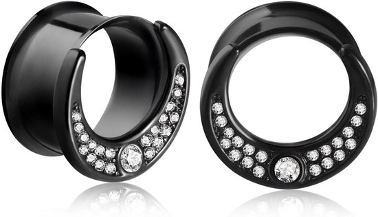 Tunnels, flesh plugs, roestvrij staal, zirkonia, oorpiercing, oorstekers, double flared punk piercing, sieraden, zilver zwart, 6 mm-16 mm