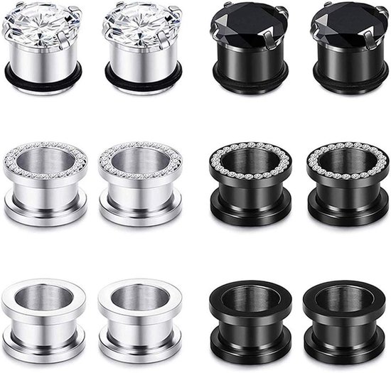 Tunnels, set van 12 roestvrij stalen oortunnels, meerkleurig, schroefsluiting met edelstenen, piercing, sieraden, 4 mm-12 mm