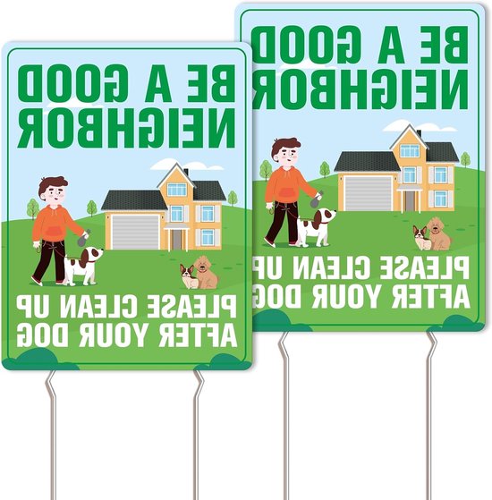 Twee dubbelzijdige borden voor hondenpoep opruimen met 4 metalen palen, weerbestendige signalisatie voor in de tuin, ideaal voor hondenbezitters en huisdierenliefhebbers (10.2" x 13.4")