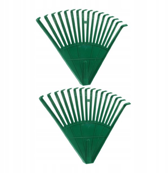 Twee groene plastic harken voor het schoonmaken van de tuin. van Merkloos	