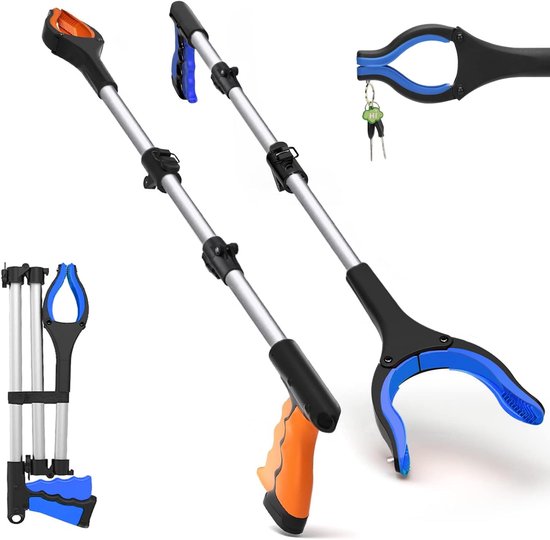Twee opvouwbare grijpers, een extra lange telescopische grijper van 110 cm, geschikt voor ouderen, en een draaibare telescopische afvalverzameltool. van Merkloos	