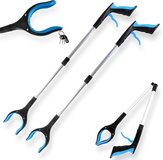 Tweedelige grijperset, 82 cm telescopische aluminium objectgrijper met 360° draaibare kop, ergonomische handgreep en magnetische klem, voor het verzamelen van afval (blauw). van Merkloos	
