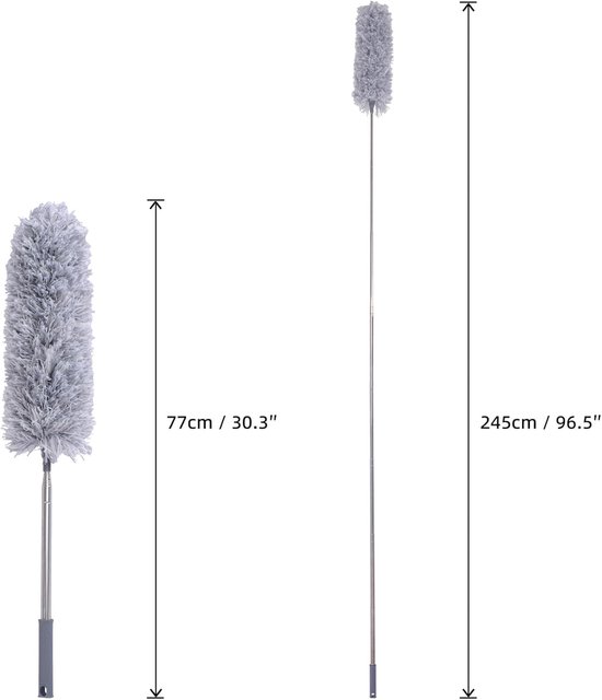 Uitschuifbare Microvezel Stofdoek met Telescopische Steel - Lang (245cm) - Buigbare Kop - Licht en Lichtgrijs