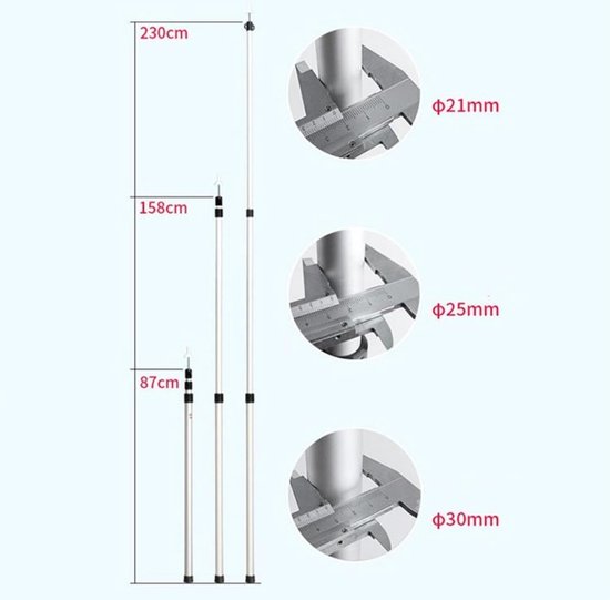 Uittrekbare Telescoopstang 90-230 cm voor Zonnezeil, Voortent en Luifel