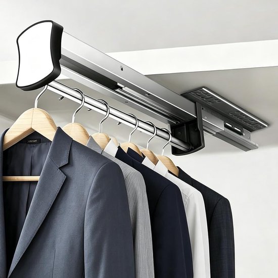 Uittrekbare telescopische kaststang met demping voor kledingkast, ruimtebesparende kleerhangerhouder met softclose, zwart (40 cm)